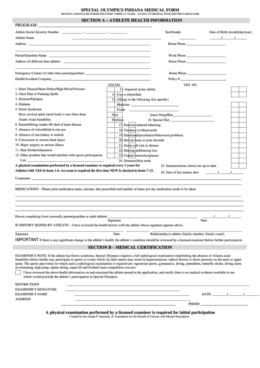 Special Olympics Indiana Medical Form printable pdf download