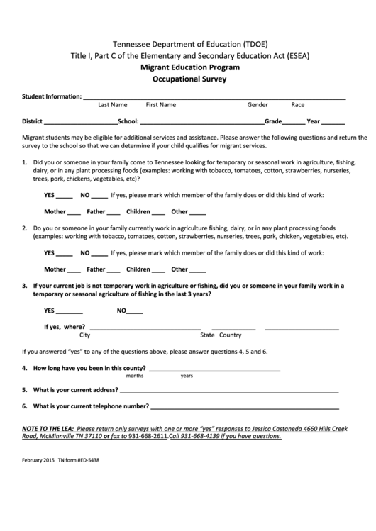 Form Ed-5438 - Migrant Education Program Occupational Survey - Tennessee Department Of Education Printable pdf