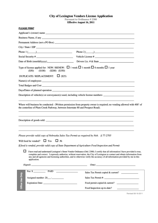 City Of Lexington Vendors License Application Form Printable pdf