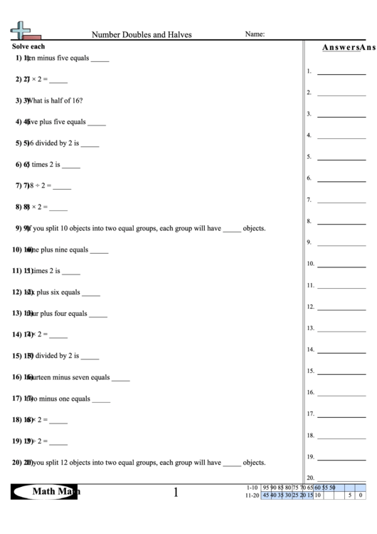 Number Doubles And Halves Worksheet With Answer Key Printable pdf