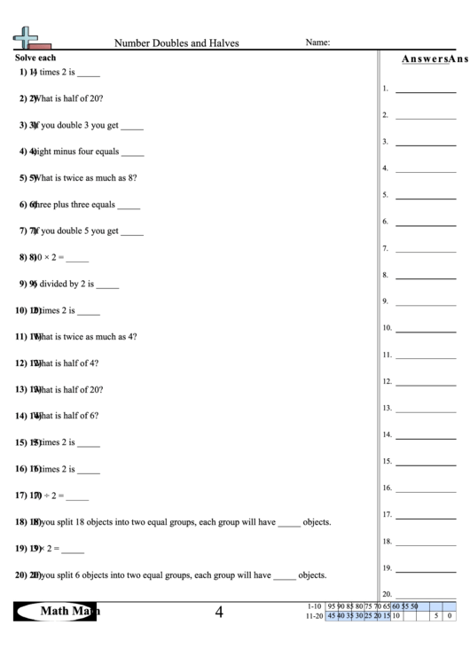 Number Doubles And Halves Worksheet Printable pdf