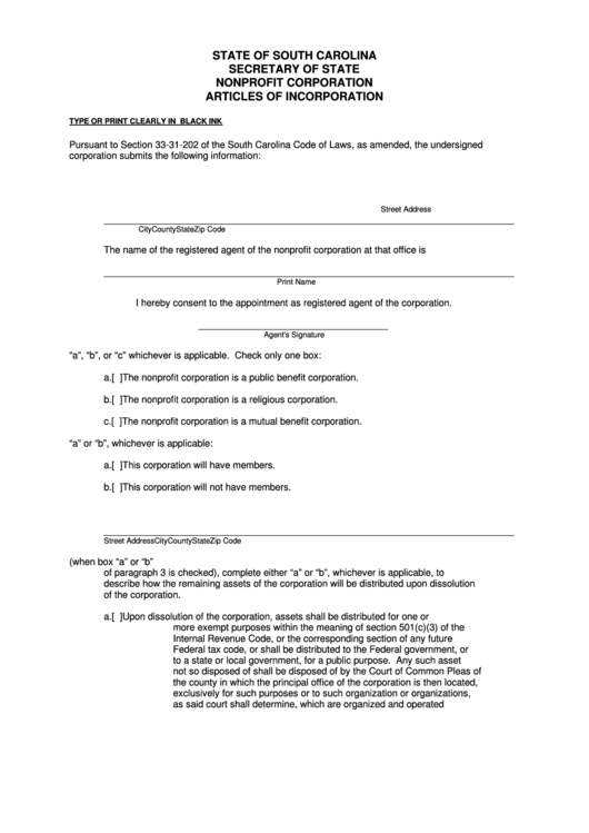 Fillable Nonprofit Corporation Articles Of Incorporation Form - State Of South Carolina - Secretary Of State Printable pdf