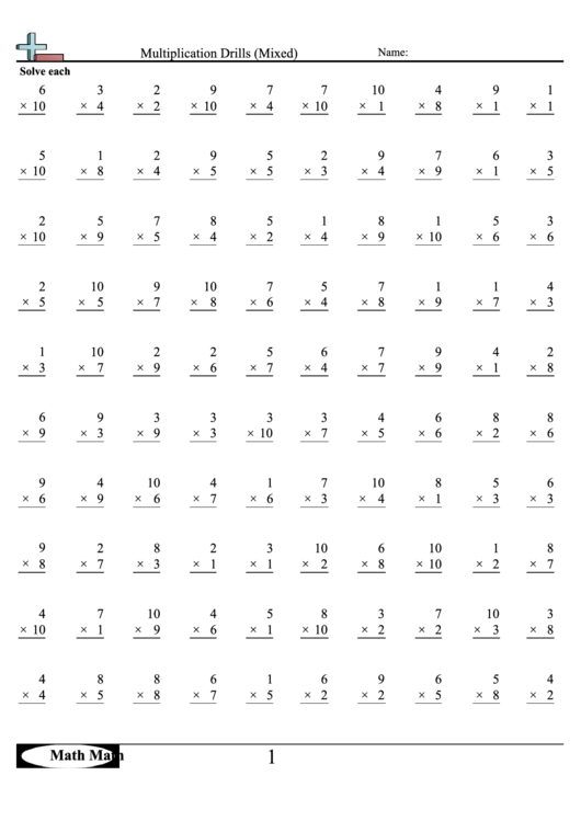 Multiplication Drills (Mixed) Worksheet Printable pdf