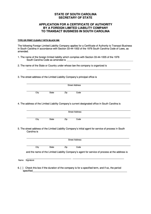Fillable Certificate Of Authority By A Foreign Limited Liability Company To Transact Business In South Carolina Application Form - South Carolina Secretary Of State Printable pdf