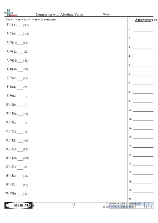 Comparing With Absolute Value Worksheet Printable pdf