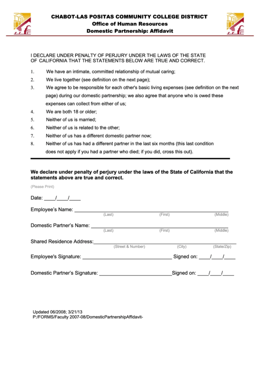 Fillable Domestic Partnership: Affidavit Form Printable pdf