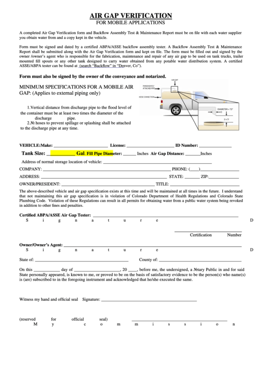 Air Gap Verification Form - Denver Water Printable pdf