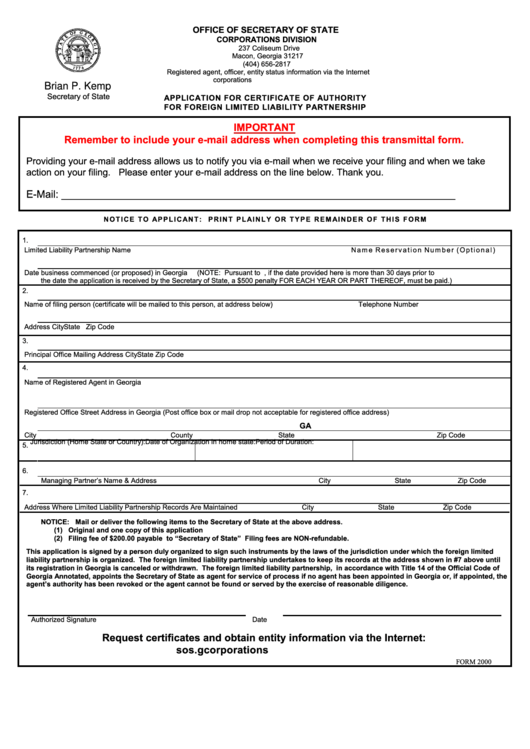 Fillable Form 2000 - Application For Certificate Of Authority For Foreign Limited Liability Partnership Printable pdf