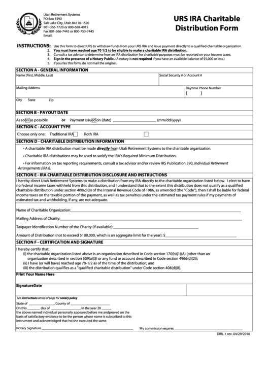 Form Dirl-1 - Ira Charitable Distribution Form Printable pdf