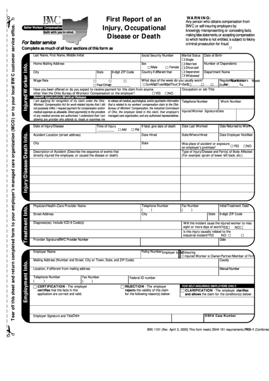 Form Bwc-1101 - First Report Of An Injury, Occupational Disease Or Death - 2000 Printable pdf