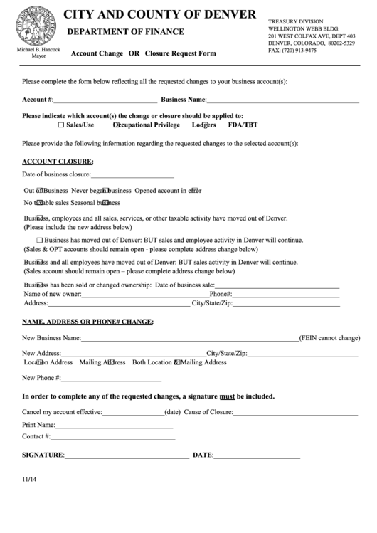 Account Change Or Closure Request Form - Denver Department Of Finance Printable pdf