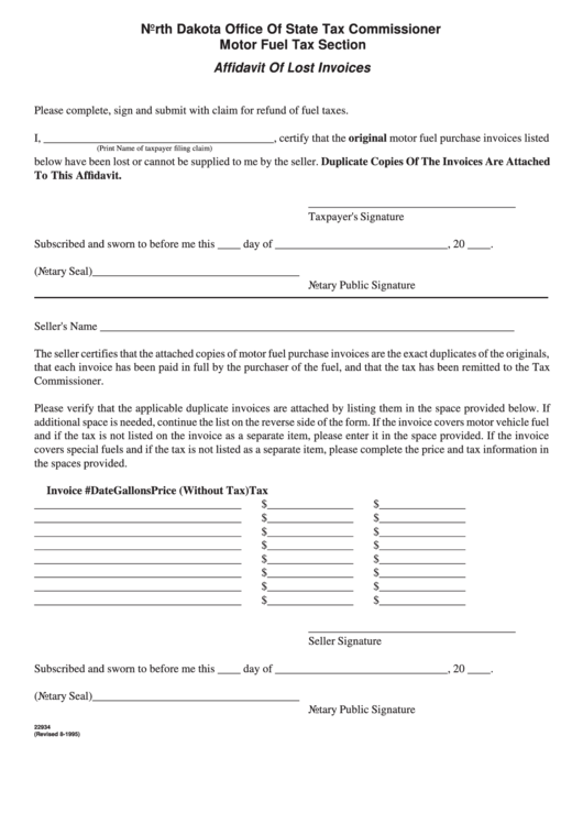 Fillable Form 22934 - Affidavit Of Lost Invoices Printable pdf