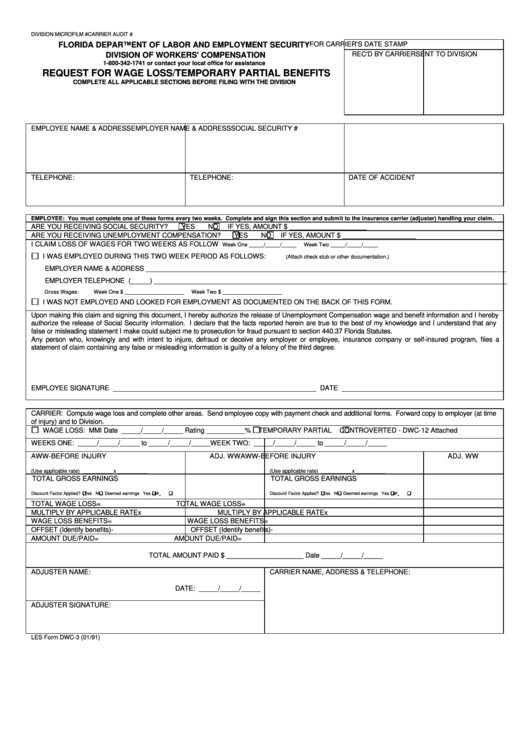 Les Form Dwc-3 - Request For Wage Loss/temporary Partial Benefits 1991 Printable pdf