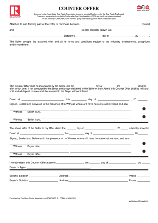 Form 410-06/2011 - Counter Offer Printable pdf