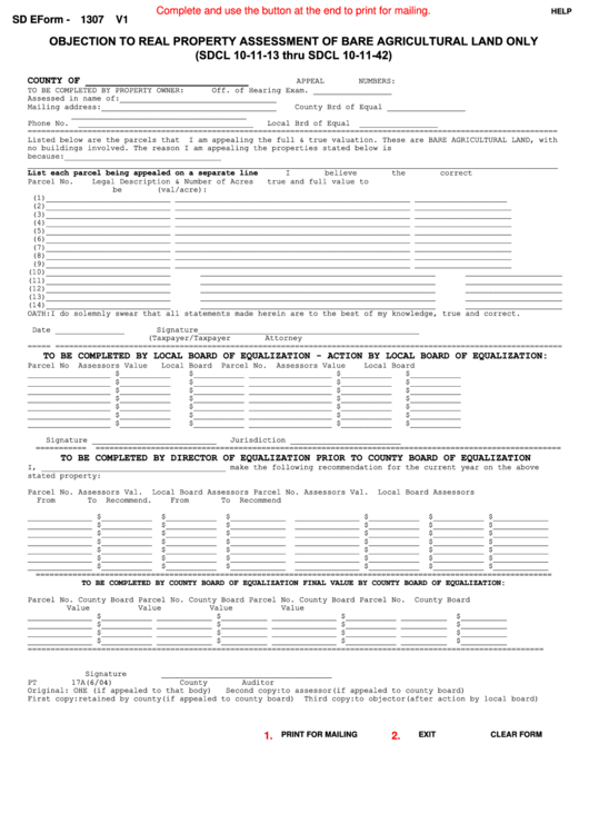Fillable Sd E Form-1307 V1 - Objection To Real Property Assessment Of Bare Agricultural Land Only 2004 Printable pdf