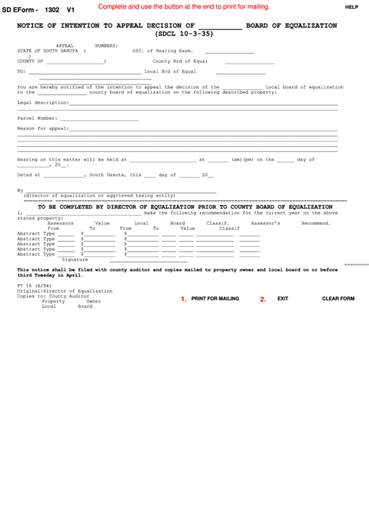 Fillable Sd E Form-1302 V1/pt 16 - Notice Of Intention To Appeal Decision Printable pdf
