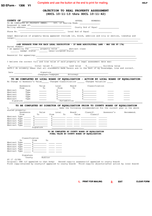 Fillable Sd E Form-1306 V1 - Objection To Real Property Assessment Printable pdf
