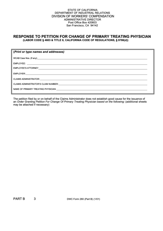 Dwc Form 280 - Response To Petition For Change Of Primary Treating Physician 2001 Printable pdf