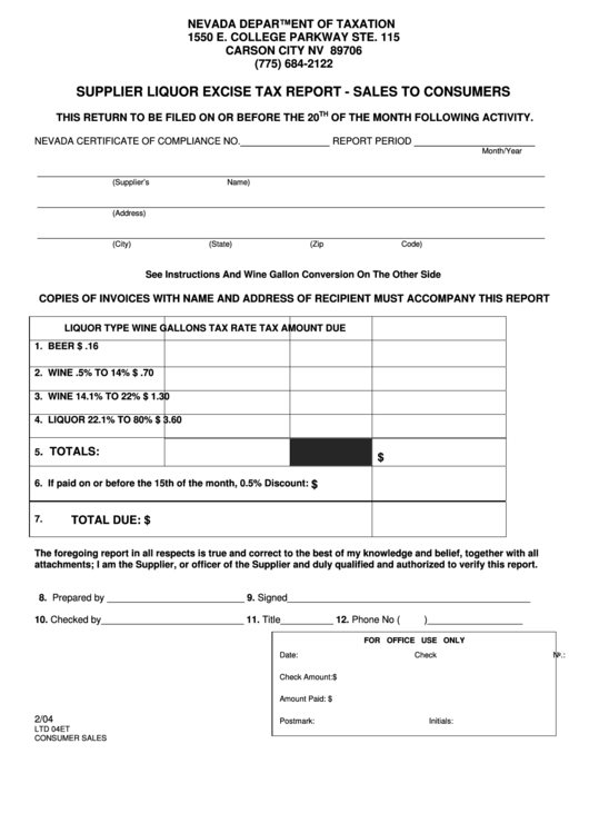 Form Ltd 04et - Supplier Liquor Excise Tax Report - Sales To Consumers - 2004 Printable pdf