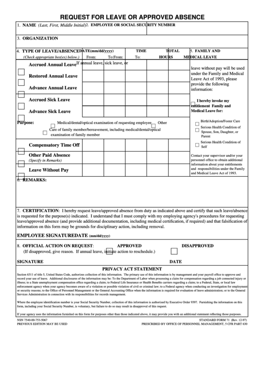 Fillable Standard Form 71 - Request For Leave Or Approved Absence 1997 Printable pdf