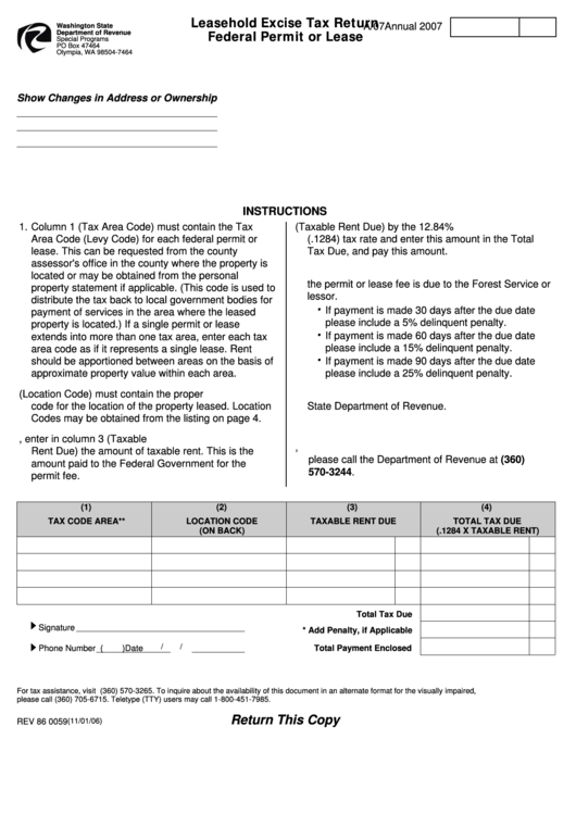 Form Rev 86 0059 - Leasehold Excise Tax Return Federal Permit Or Lease - 2007 Printable pdf