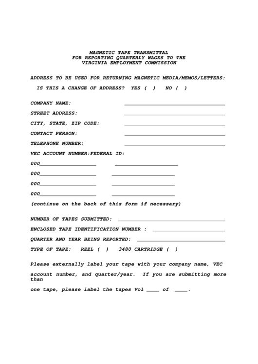 Magnetic Tape Transmittal Form - Virginia Employment Commission Printable pdf