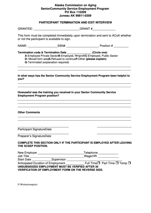 Participant Termination And Exit Interview Form, Verification Of Employment Form - Alaska Commission On Aging Printable pdf
