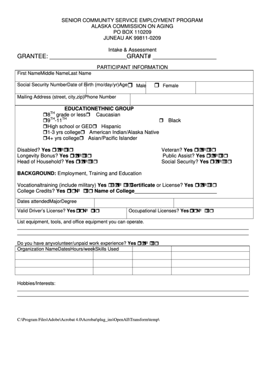 Senior Community Service Employment Program Participation Form - Alaska Printable pdf