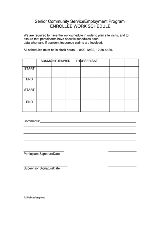 Trainee Work Schedule Template - Senior Community Service Employment Program Printable pdf