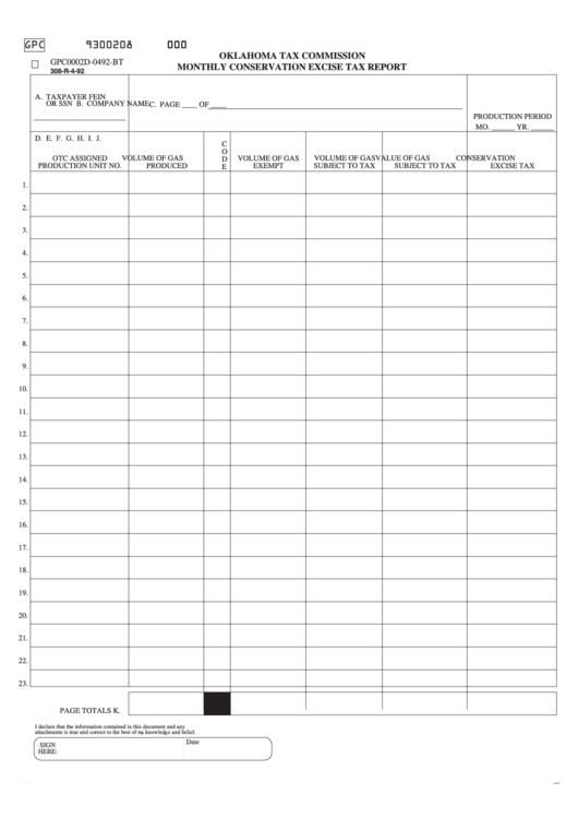 Monthly Conservation Excise Tax Report Form - Oklahoma Tax Commission Printable pdf