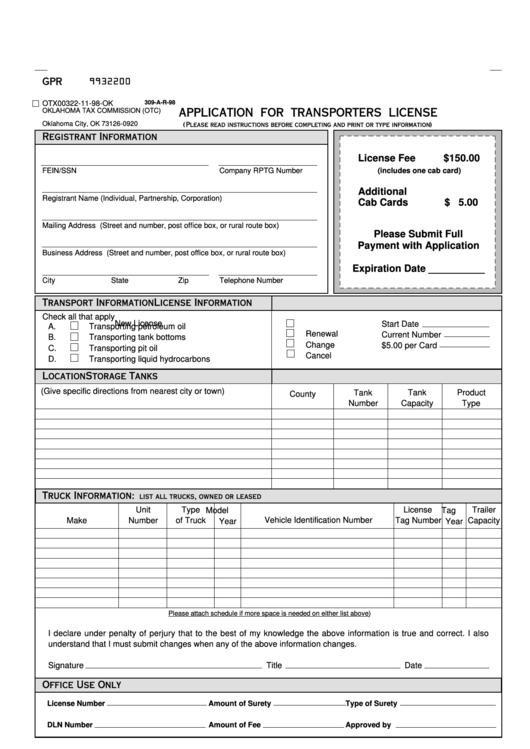 Application For Transporters License Form - Oklahoma Tax Commission Printable pdf