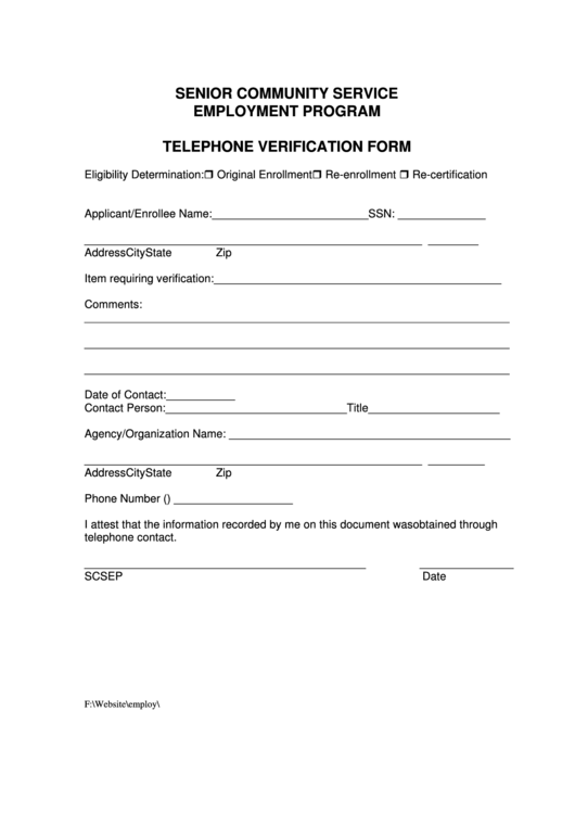 Telephone Verification Form - Senior Community Service Employment Program Printable pdf