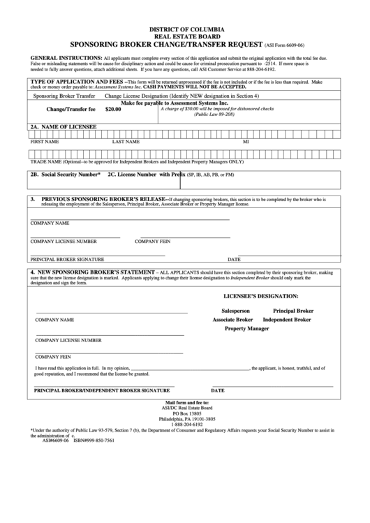 Asi Form 6609-06 - Sponsoring Broker Change/transfer Request Printable pdf