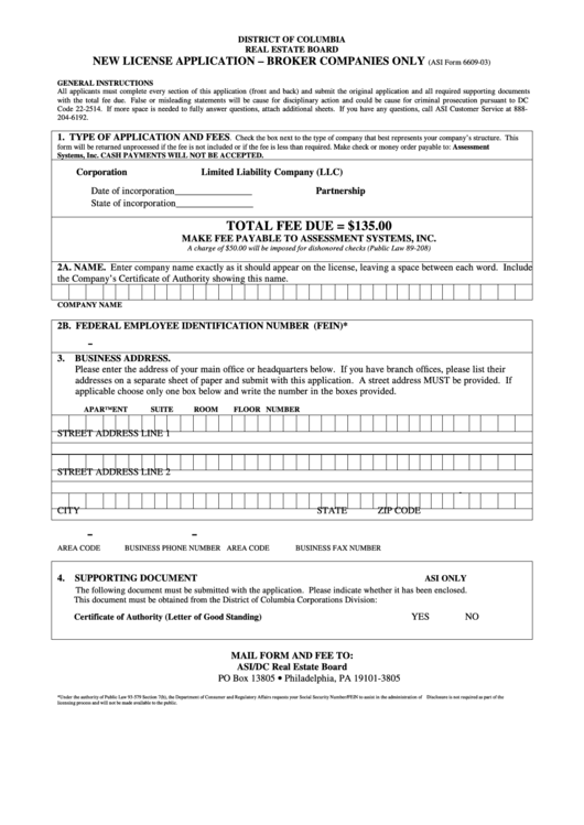 Asi Form 6609-03 - New License Application - Broker Companies Only Printable pdf