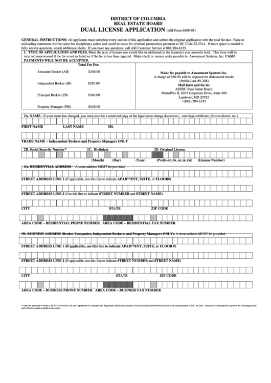 Asi Form 6609-05 - Dual License Application Printable pdf