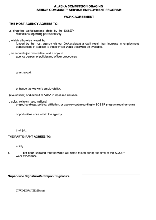 Senior Community Service Employment Program Job Description Form, Work Agreement Template - Alaska Commission On Aging Printable pdf