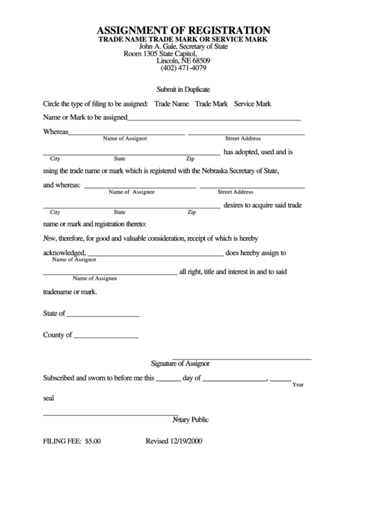 Assignment Of Registration Form - Secretary Of Form Printable pdf