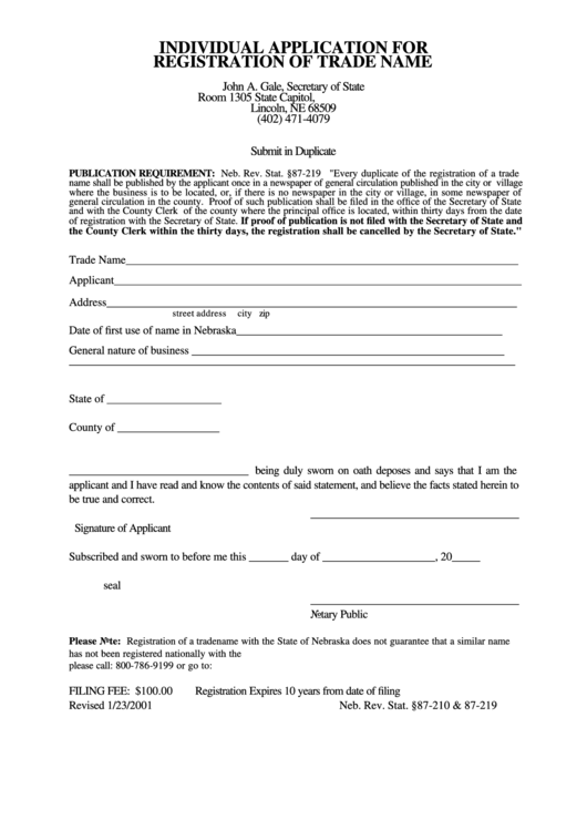 Fillable Individual Application For Registration Of Trade Name Form - Nebraska Secretary Of State Printable pdf