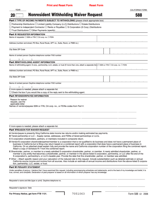 Fillable California Form 588 - Nonresident Withholding Waiver Request Printable pdf