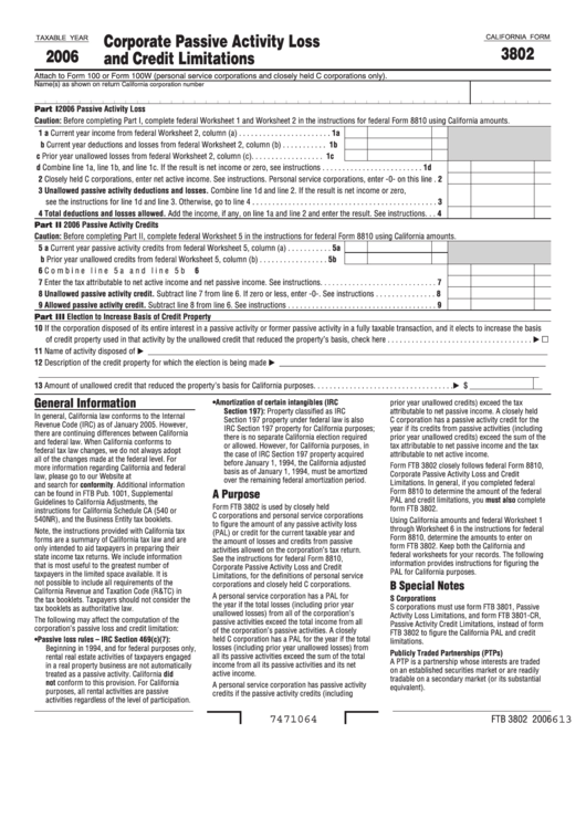 California Form 3802 - Corporate Passive Activity Loss And Credit Limitations - 2006 Printable pdf