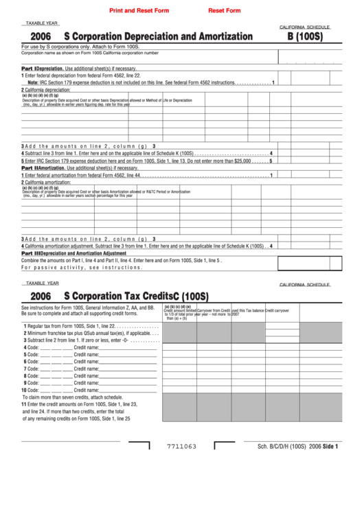 Fillable California Schedule B (100s) - S Corporation Depreciation And Amortization - 2006 Printable pdf