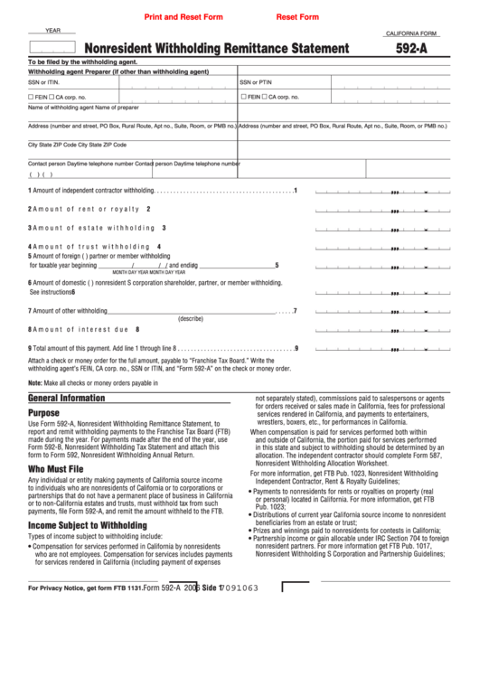 Fillable Form 592-A - Nonresident Withholding Remittance Statement Printable pdf