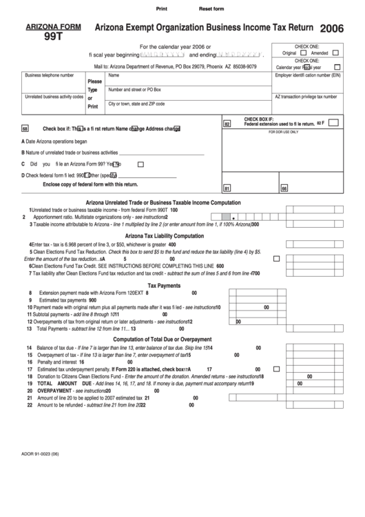 Fillable Arizona Form 99t - Arizona Exempt Organization Business Income Tax Return - 2006 Printable pdf