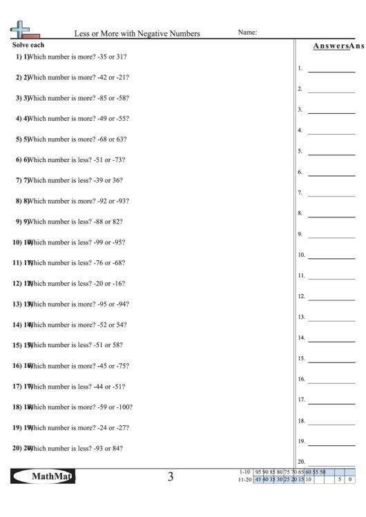 Less Or More With Negative Numbers Worksheet Printable pdf