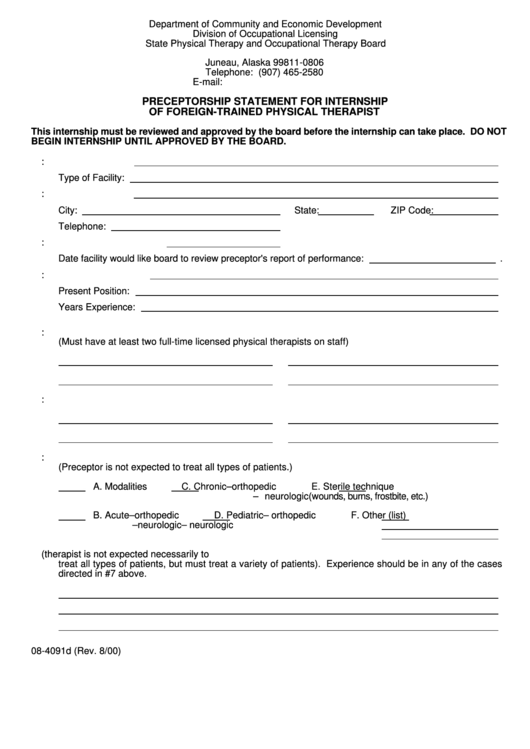 Form 08-4091d - Preceptorship Statement For Internship Of Foreign-Trained Physical Therapist Printable pdf