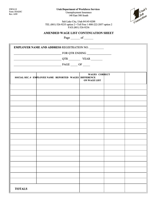 Form 3hadjc - Amended Wage List Continuation Sheet Printable pdf