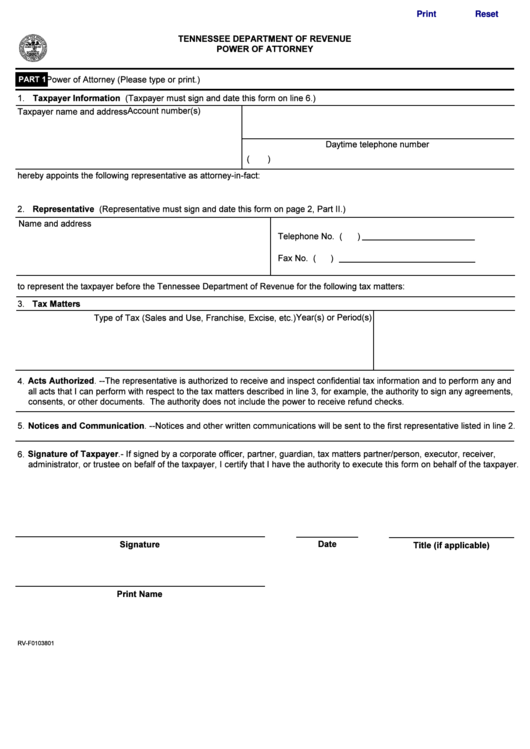 Fillable Form Rv-F0103801 - Tennessee Department Of Revenue Power Of Attorney Printable pdf