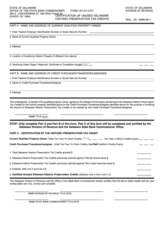 Fillable Form 1811cc 0701 - Certification Of Unused Delaware Historic Preservation Tax Credits Printable pdf