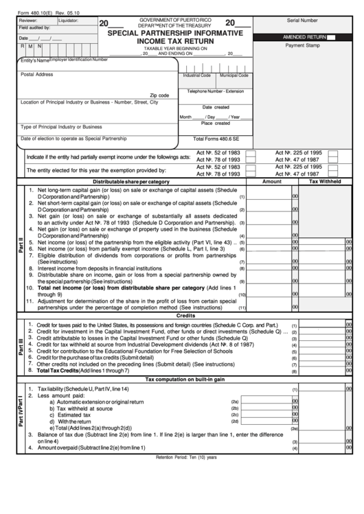 Form 480.10(E) - Special Partnership Informative Income Tax Return Printable pdf