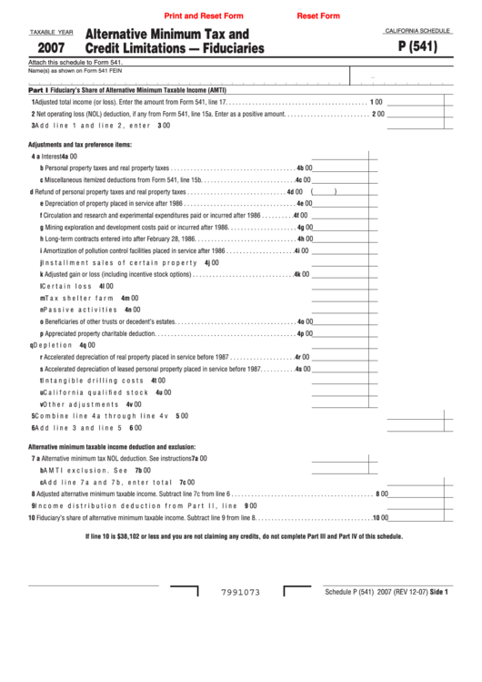 Fillable California Schedule P (541) - Alternative Minimum Tax And Credit Limitations - Fuduciaries - 2007 Printable pdf